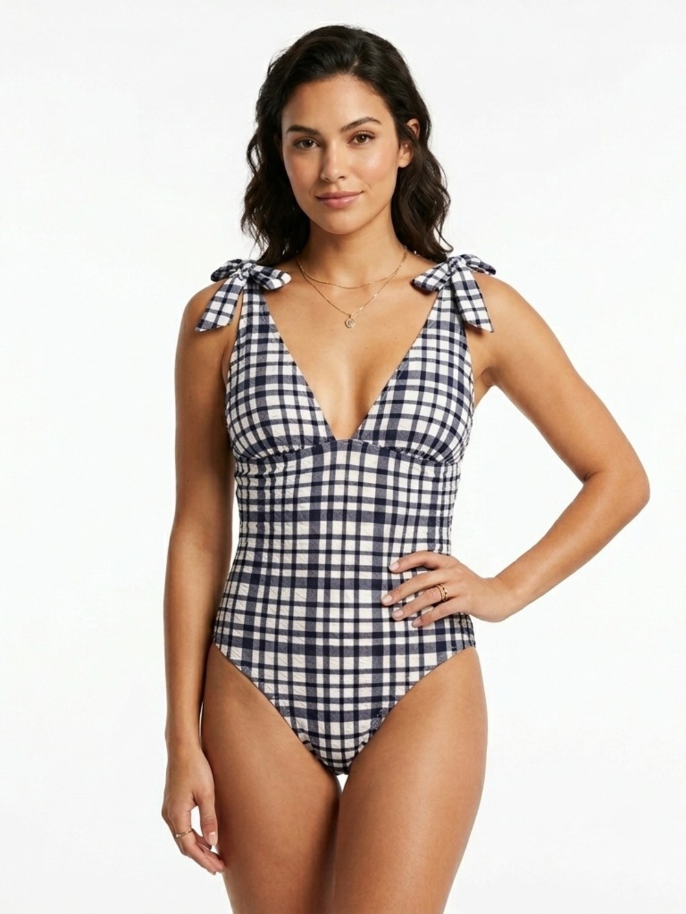 J Crew Womens One Piece Swimsuit Gingham Tie Strap Size 8